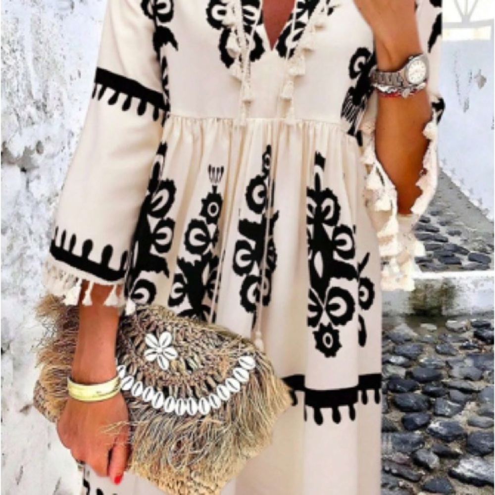 - Beige Ethnic Print Notch V Neck Fringe Mini Dress - Picture 8 of 8